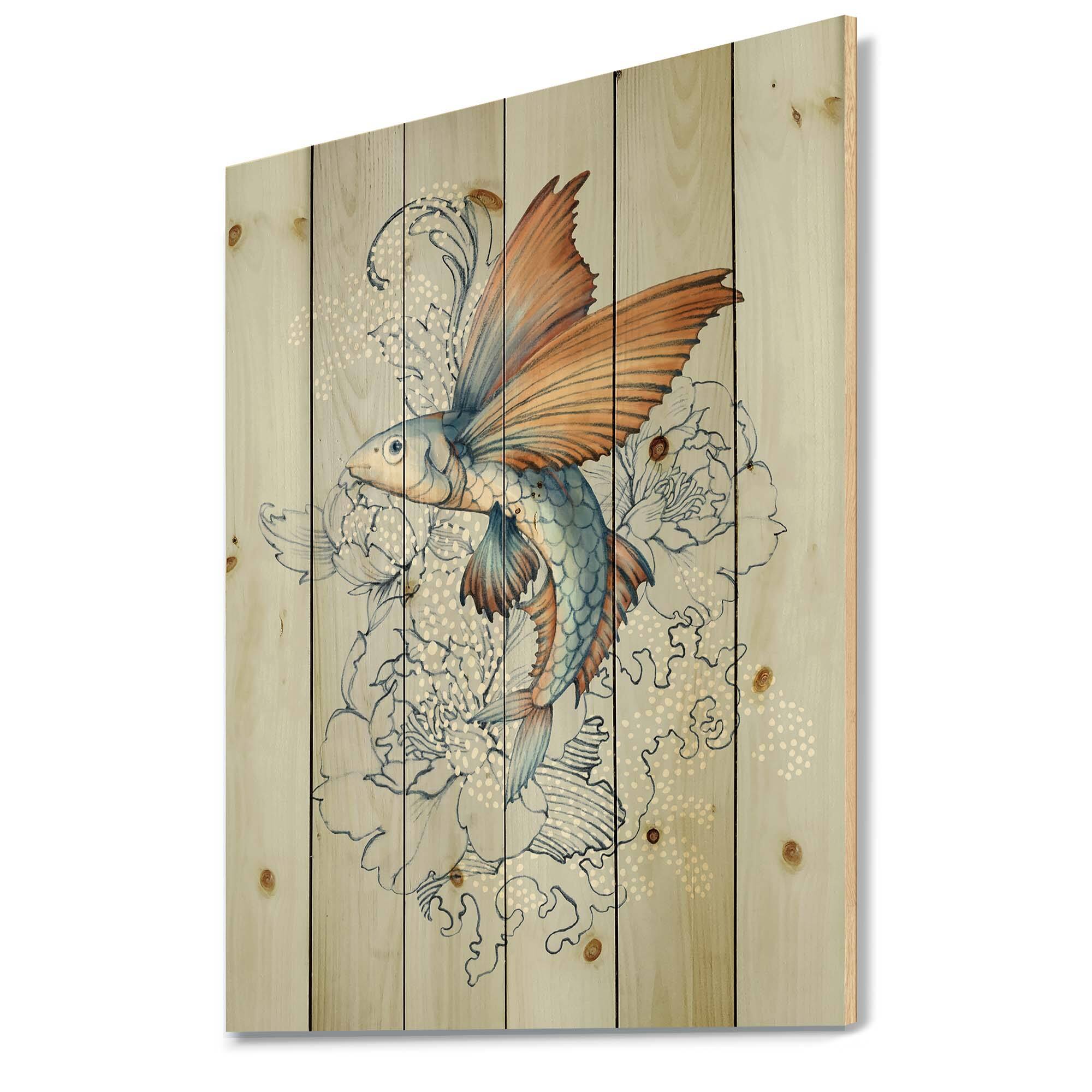 Designart - Flying Fish On Peonies - Traditional Print on Natural Pine Wood